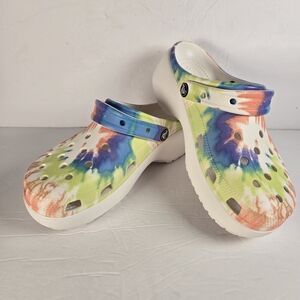 CROCS Women's Tie-Dye Classic Platform Clog in White with Rainbow Accents